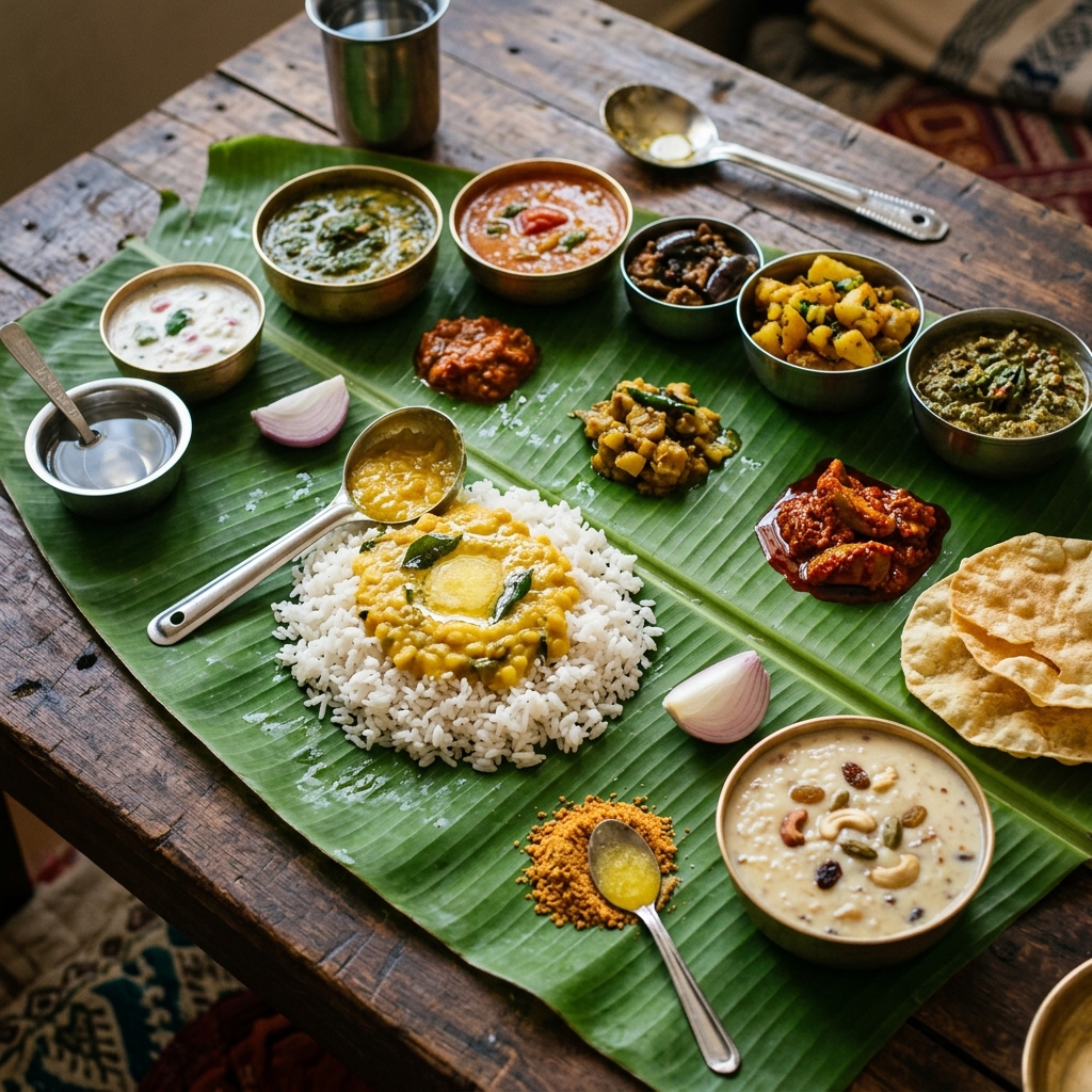 Traditional South Indian Andhra Banquet on Banana Leaf with Brass Bowls